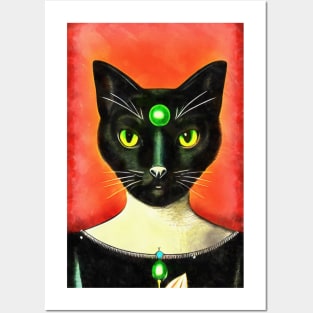 Portrait of black cat with green stone Posters and Art